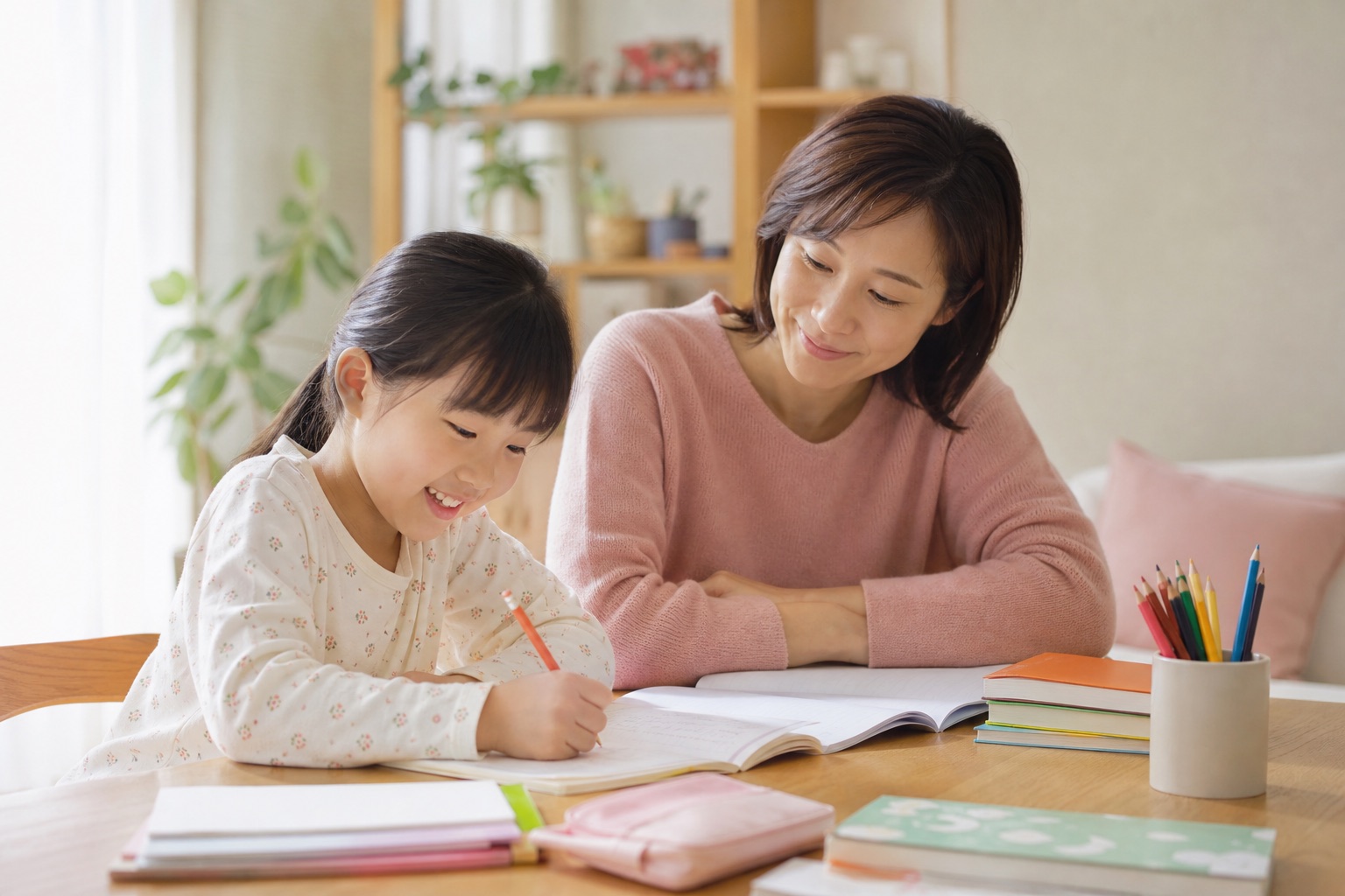安心できる家庭で母親に見守られながら学ぶ子どものイメージ
