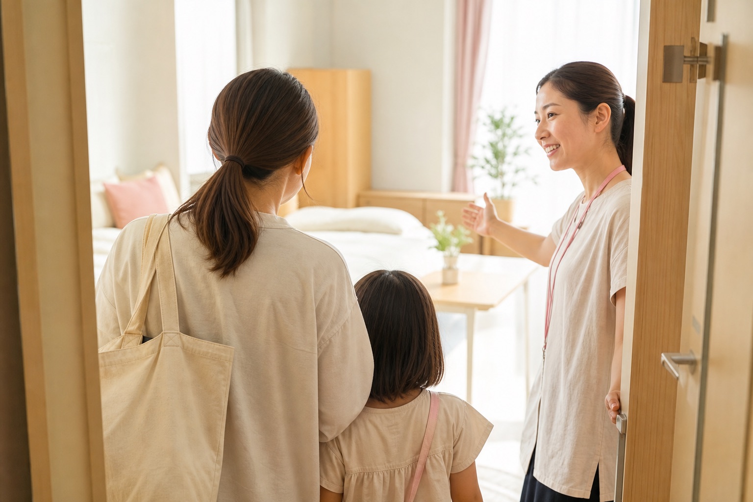 母子を安全な一時保護の居場所へ迎える女性支援員のイメージ