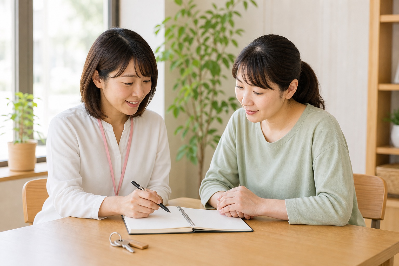 住まいと仕事について女性相談員と生活計画を立てるイメージ