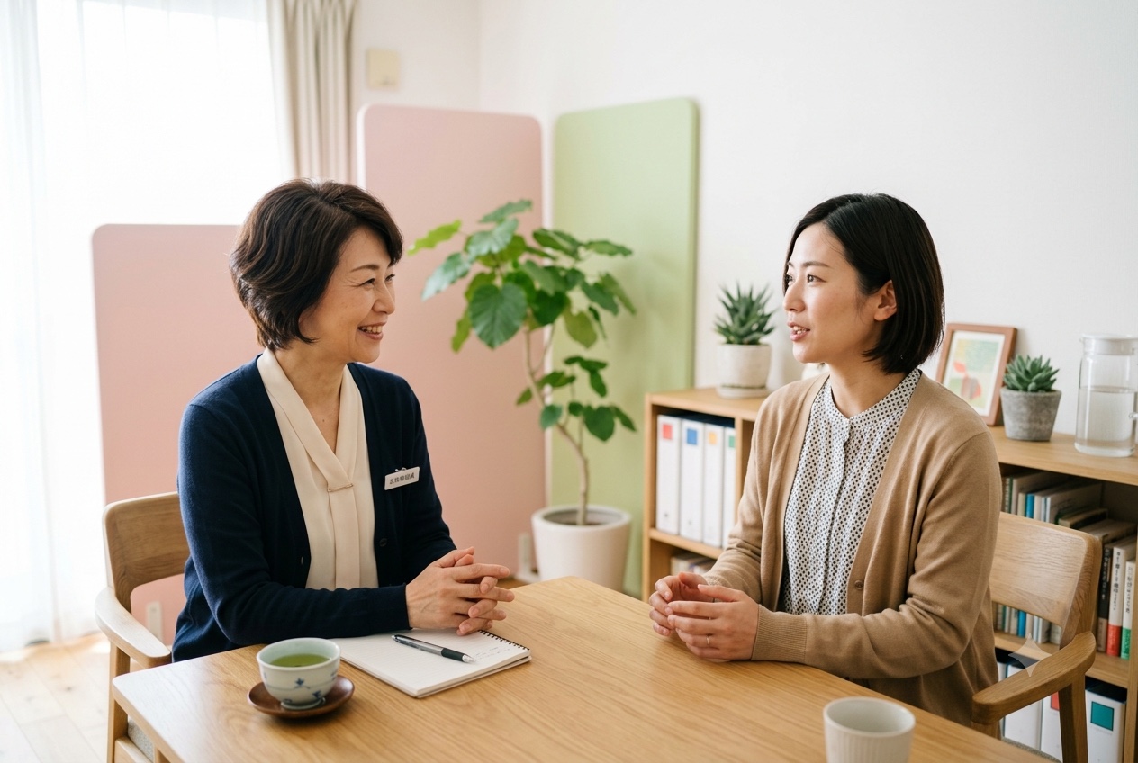 女性相談員が相談者に寄り添い話を聴く支援活動のイメージ